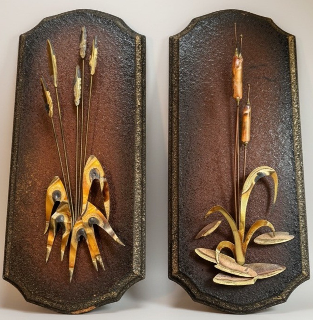 Vintage Brutalist Metal Wall Art Set 2 Cattail Plaques Mid Century Modern MCM